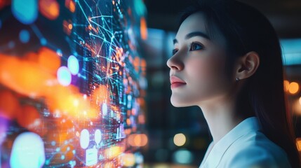 Poster - businesswoman is looking at a large interactive screen displaying complex data visualizations, sugge