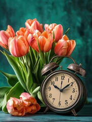 Poster - An alarm clock sits next to a bouquet of fresh flowers, perfect for a morning wake-up call or as a decorative accent