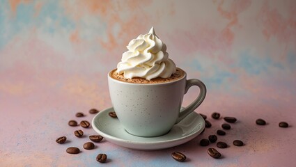 Poster - Coffee cup with creamy whipped topping centered on a pastel pink and blue background with scattered coffee beans around the base.