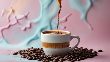 Poster - Coffee pouring into a white cup with a brown stripe surrounded by coffee beans on a pastel pink and blue abstract backdrop.