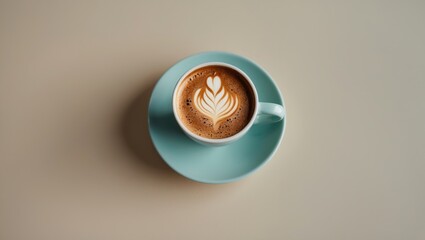 Poster - Aromatic coffee cup with latte art on a light beige background, featuring a turquoise saucer positioned centrally for a soothing aesthetic.
