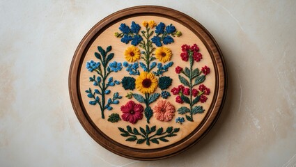 Poster - Colorful floral wooden sampler on a light beige backdrop showcasing intricate blue, yellow, red flowers and green leaves in a circular arrangement.