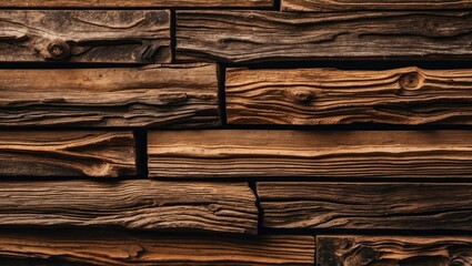 Poster - Detailed closeup of rustic wood texture featuring rich brown hues with varied grain patterns arranged in horizontal layers for natural background.