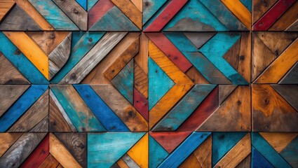 Aufkleber - Multicolored wooden wall panel with geometric patterns featuring blue, orange, and brown hues, arranged in a dynamic chevron design.