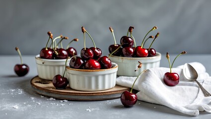 Poster - Fresh ripe cherries in white baking dishes on a wooden board with a spoon and napkin, set against a soft grey pastel background.