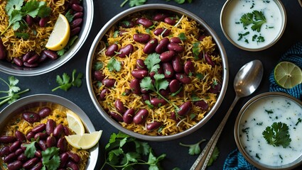 Poster - Vibrant Indian cuisine featuring colorful bowls of saffron rice topped with kidney beans, fresh herbs, lemon wedges, and yogurt sauce on a dark background.