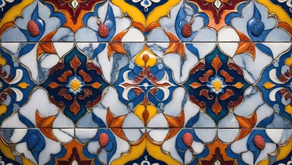 Aufkleber - Colorful floral tile pattern featuring blue, orange, yellow, and white hues arranged symmetrically for vibrant marble wall and floor design.