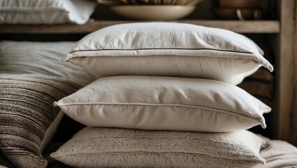 Aufkleber - Cozy neutral-colored pillows stacked prominently in soft focus against a rustic wooden shelf background with natural textures and warm tones.