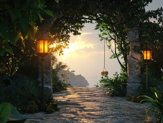 Poster - A serene pathway leading to a beautiful beach at sunset