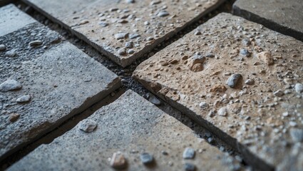 Poster - Close-up view of textured stone floor tiles showing water droplets on light and dark gray surfaces arranged in a grid pattern.