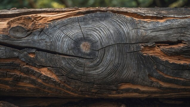 Close-up of dark wooden log with intricate grain patterns and cracks, featuring rich browns and blacks, set against a blurred green forest background.