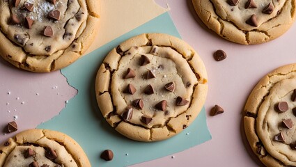 Poster - Cookies with chocolate chips arranged on pastel-colored geometric backgrounds in shades of pink and mint green, top view with clipping path.