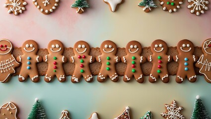 Poster - Gingerbread cookie border on a pastel background featuring smiling figures with colorful decorations arranged in a fun festive pattern.