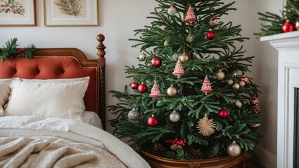 Aufkleber - Cozy bedroom scene featuring a beautifully decorated Christmas tree with red and gold ornaments positioned next to a plush bed with white linens.