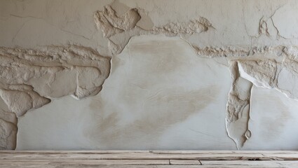 Poster - Textured cement plaster wall with polished finish in soft beige tones, featuring irregular patterns and wooden flooring in the foreground.