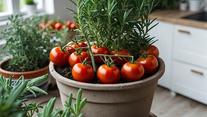 Poster - Vibrant red tomatoes nestled in a clay pot surrounded by lush green rosemary, with a bright kitchen background creating a fresh and lively atmosphere.