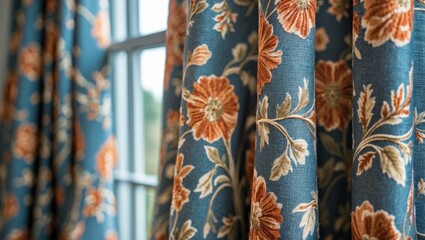Poster - Close-up of textured window drapes in blue background with orange floral patterns, elegantly hanging beside a bright window.