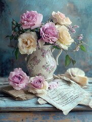 Poster - A bouquet of pink and white roses arranged in a decorative vase