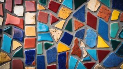 Poster - Colorful mosaic tiles in vibrant shades of red, blue, yellow, green, and brown arranged irregularly on a textured surface, ideal for various designs.