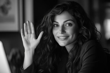 Poster - A black and white photo of a woman waving her hand, suitable for use in historical or vintage-themed contexts