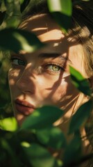 Poster - Close-up of a woman's face with piercing green eyes, ideal for use in portraits or editorial features