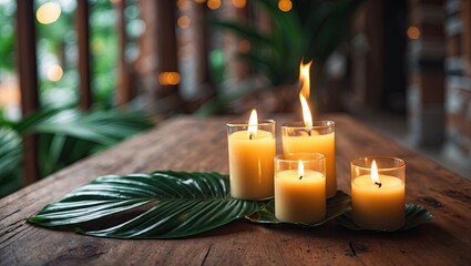 Poster - Relaxing atmosphere with four lit wax candles in glass holders on a wooden table, surrounded by vibrant green tropical leaves.