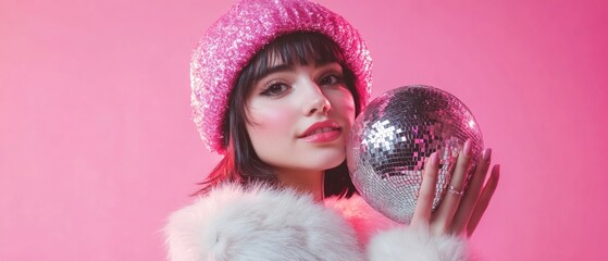 Poster - A woman wearing a bright pink hat holds a shiny disco ball, perfect for party or celebration scenes