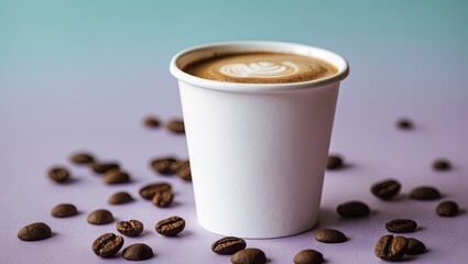 Aufkleber - Close-up of a white paper coffee cup filled with latte art on a pastel purple background with scattered coffee beans in the foreground.