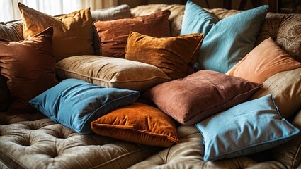Aufkleber - Luxurious couch adorned with rich velvet cushions in shades of burnt orange and light blue, artfully arranged for an inviting aesthetic.