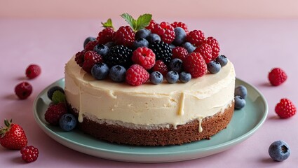 Poster - Delicious cake with creamy frosting topped with vibrant mixed berries on a soft pastel blue plate against a light pink background.
