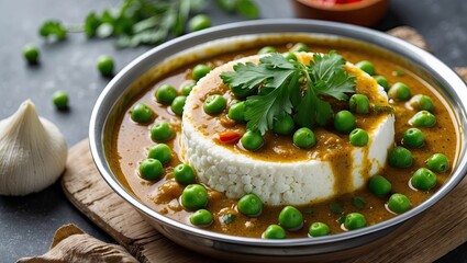 Poster - Creamy cottage cheese surrounded by vibrant green peas in a rich Indian gravy served in a silver bowl with space for text above on a dark background.