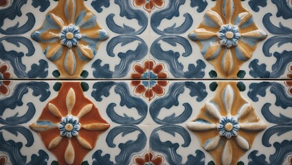 Aufkleber - Colorful ceramic tile pattern featuring intricate floral designs in blue, orange, red, and white with a symmetrical layout across the surface.