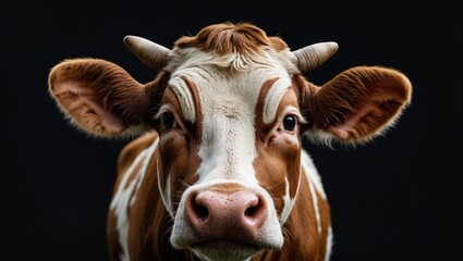 Poster - Close-up portrait of a brown and white cow with sad expression against a black background highlighting its features and ample copy space for text.