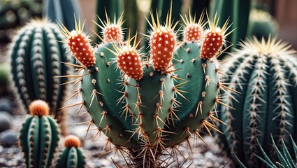 Poster - Vibrant globe-shaped cactus with bright red fruit and long thorns, surrounded by green varieties in a sunny desert setting.