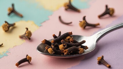 Poster - Cloves scattered on a silver spoon with a pastel backdrop featuring soft pink and blue tones creating a vibrant food composition.