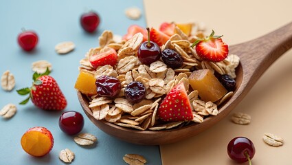 Poster - Colorful wooden spoon filled with granola, strawberries, cherries, and yellow fruit on a blue and beige background, garnished with scattered oats.