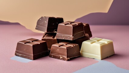 Aufkleber - Assorted irregular chocolate squares in dark, milk, and white varieties stacked on a soft pastel background with subtle blue and beige accents.