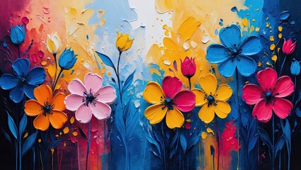 Leinwandbilder - Vibrant floral abstract painting showcasing colorful flowers in shades of blue pink yellow and red against a dynamic multicolor background.