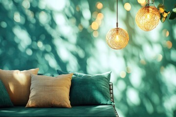 Poster - A cozy living room setup with a couch and pillows lit up by string lights