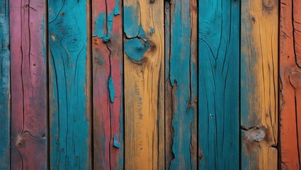 Poster - Vibrant colored wood texture featuring vertical planks in shades of blue, orange, and pink with natural wood grain and knots for a rustic look