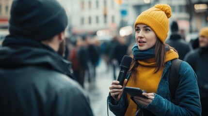Poster - A woman wearing a bright yellow hat holds a microphone, ready to speak or perform