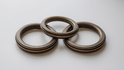 Poster - Three metallic curtain rings arranged in a triangle on a smooth white background showcasing a textured bronze finish and clean lines.