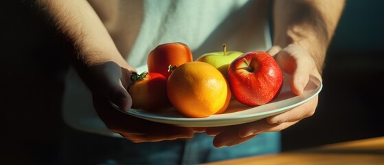 Aufkleber - A person holds a plate of fresh fruit on a table