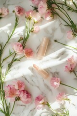 Poster - A close-up shot of pink flowers placed on a marble surface