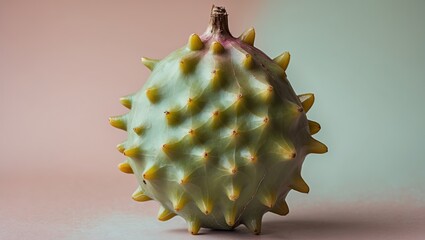 Poster - Close-up of spiky green morinda noni fruit centered against a soft pastel background with subtle gradient blending from mint green to peach.