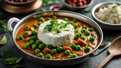 Poster - Delicious Indian cottage cheese curry with vibrant green peas, garnished with fresh herbs, set on a dark background with ample copyspace.