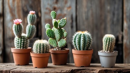 Aufkleber - Colorful collection of various cacti in terracotta pots arranged on rustic wooden surface with a weathered backdrop showcasing earthy tones.