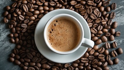 Poster - Aerial view of a white coffee cup filled with hot coffee centered on a dark textured surface surrounded by roasted coffee beans with copyspace available.