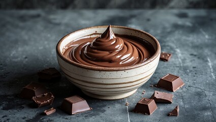 Poster - Ceramic bowl with glossy melted chocolate cream, topped with a peak, surrounded by chocolate pieces on a dark textured concrete background