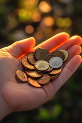 Poster - A person holds a small amount of coins in their hand, a common symbol of financial struggles or financial literacy